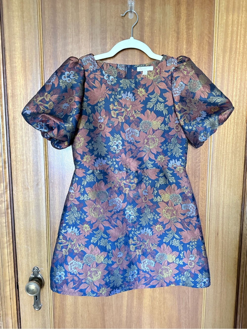 GB girls Navy Floral Jacquard Puff-Sleeve Dress